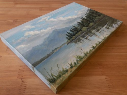 オンラインストア直送 油絵大 風景 山 森 湖水 藁葺屋根 工芸品