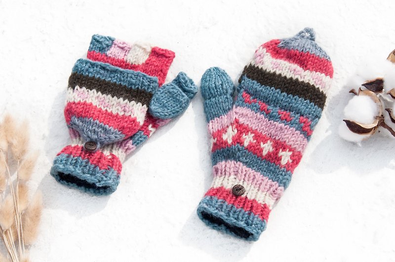 手織純羊毛針織手套/可拆卸手套/內刷毛手套/保暖手套-草莓牛奶 - 手套/手襪 - 羊毛 粉紅色