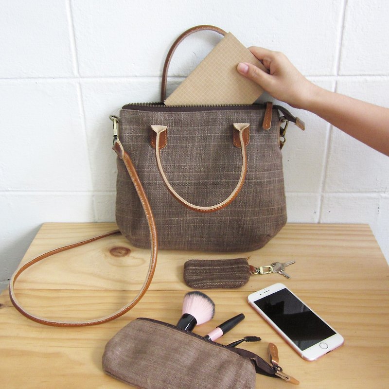 Crossbody Midi Curve Bags Hand Woven and Botanical dyed Cotton Brown Color - Messenger Bags & Sling Bags - Cotton & Hemp Brown
