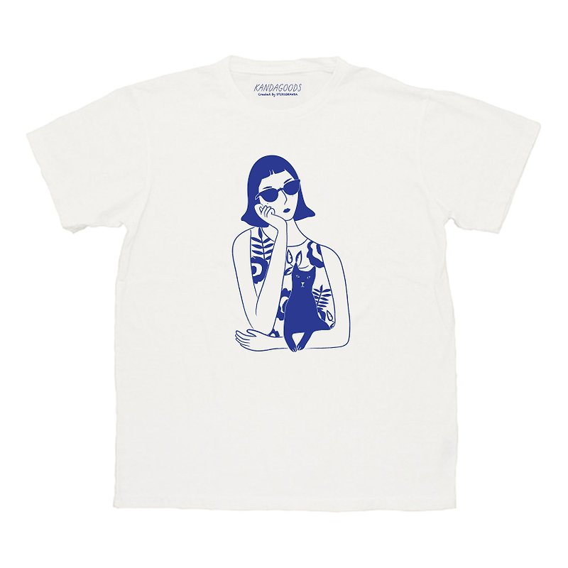 棉．麻 女 T 恤 藍色 - Bored lady t-shirt