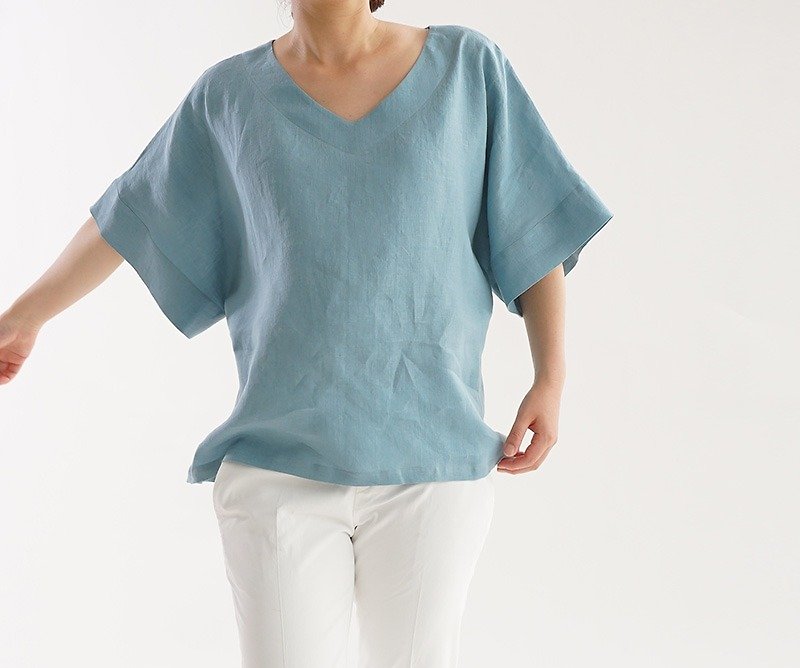 wafu - Lightweight Linen Wide-Sleeve Top / Sky Blue t016b-ash1 - เสื้อยืดผู้หญิง - ลินิน สีน้ำเงิน