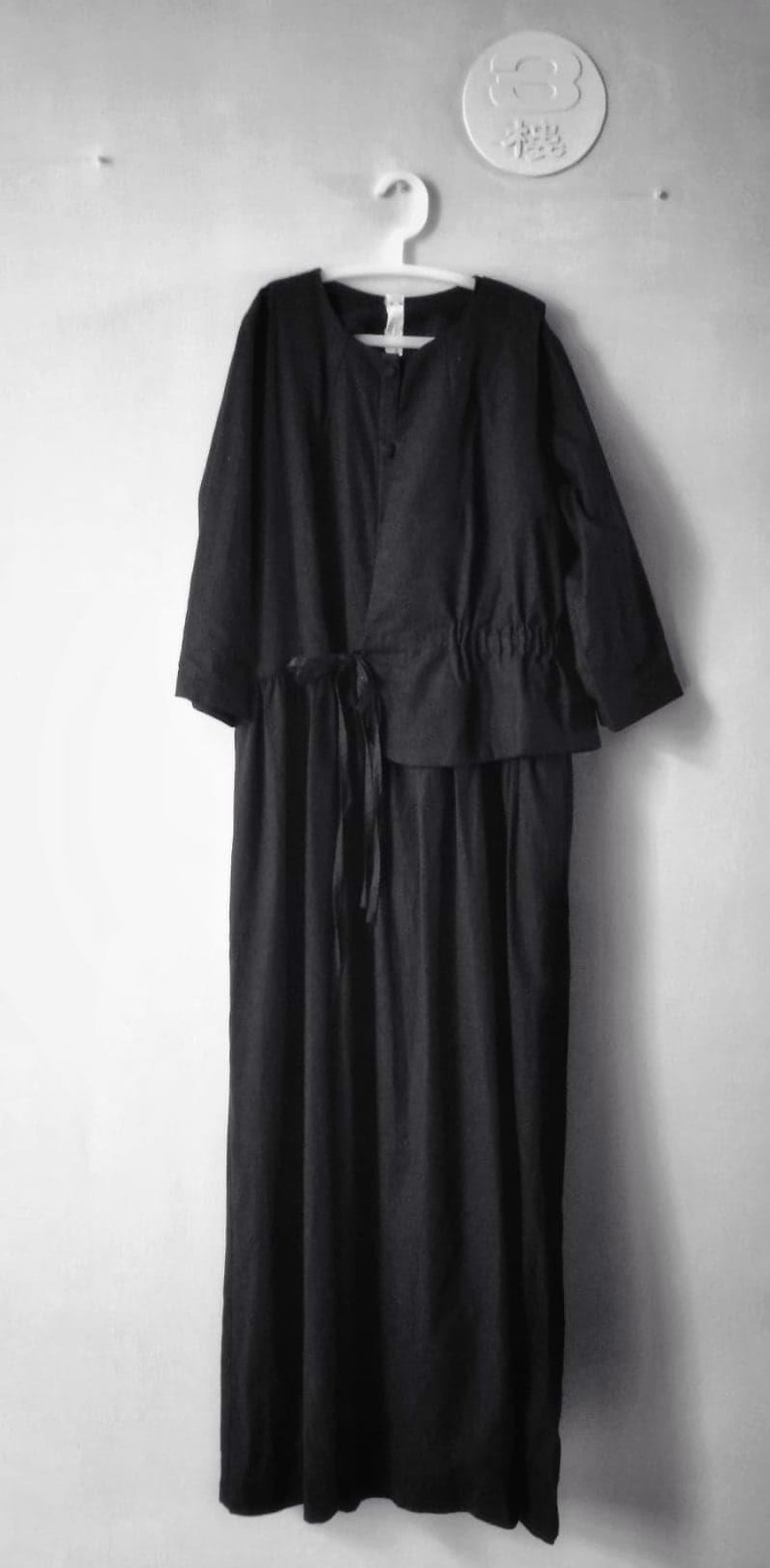 Black cotton Linen vest and a half long dress - One Piece Dresses - Cotton & Hemp Black