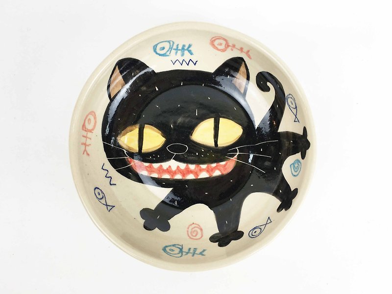Nice Little Clay handmade shallow bowl happy big black cat 02011-13 - ถ้วยชาม - ดินเผา ขาว