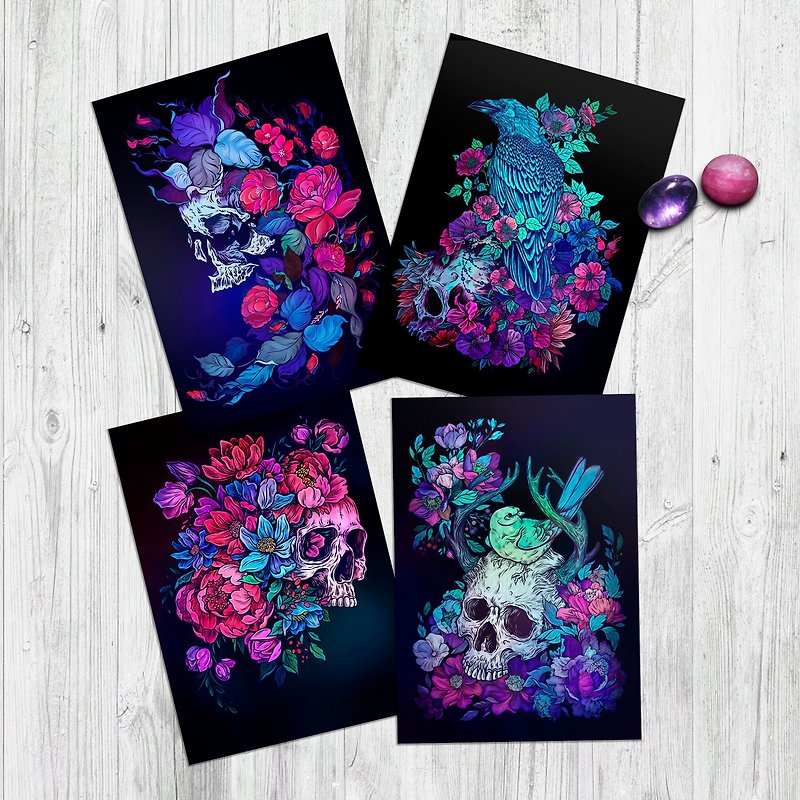 Dark art postcard (set of 4) Gothic skull art / macabre card / witchy gift - Cards & Postcards - Paper Multicolor
