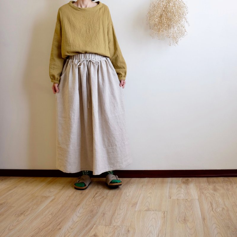 日常手作服 自然亞麻色綁帶皺皺長裙 亞麻羊毛 - 裙子/長裙 - 棉．麻 卡其色