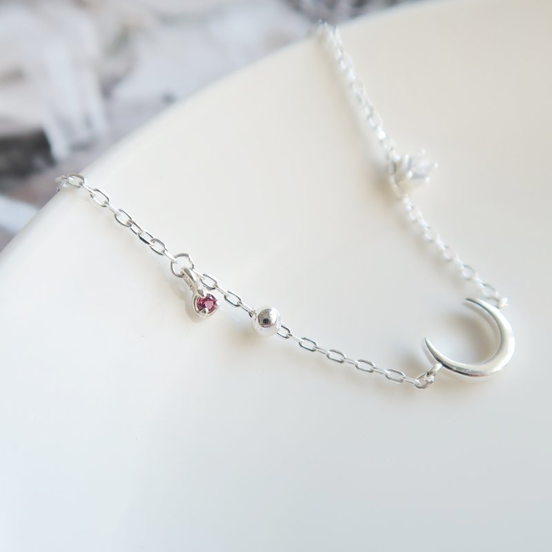 925純銀 玫瑰石榴石 月亮 星星 小鑽 客製化刻字 手鍊 免費包裝 - 手鍊/手環 - 純銀 紫色