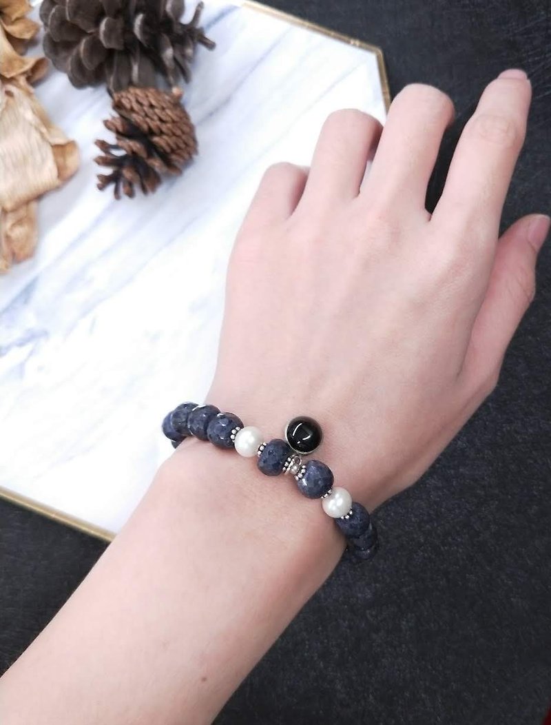 [The only product] sapphire ore*pearl*black chalcedony * pure silver beads bracelet - Bracelets - Semi-Precious Stones Blue