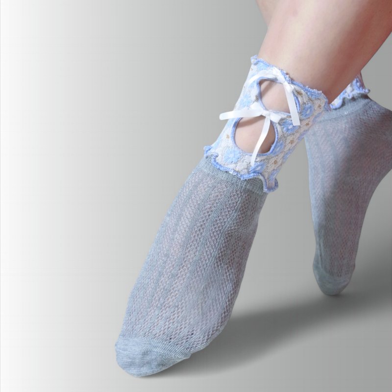 Blue x Gray New Arrivals Pre-orders Shipped on September 20th Ribbon Colorful Mellow Socks Flashy Socks Unique Size 22.5-28 Women's Socks - Socks - Other Materials Blue