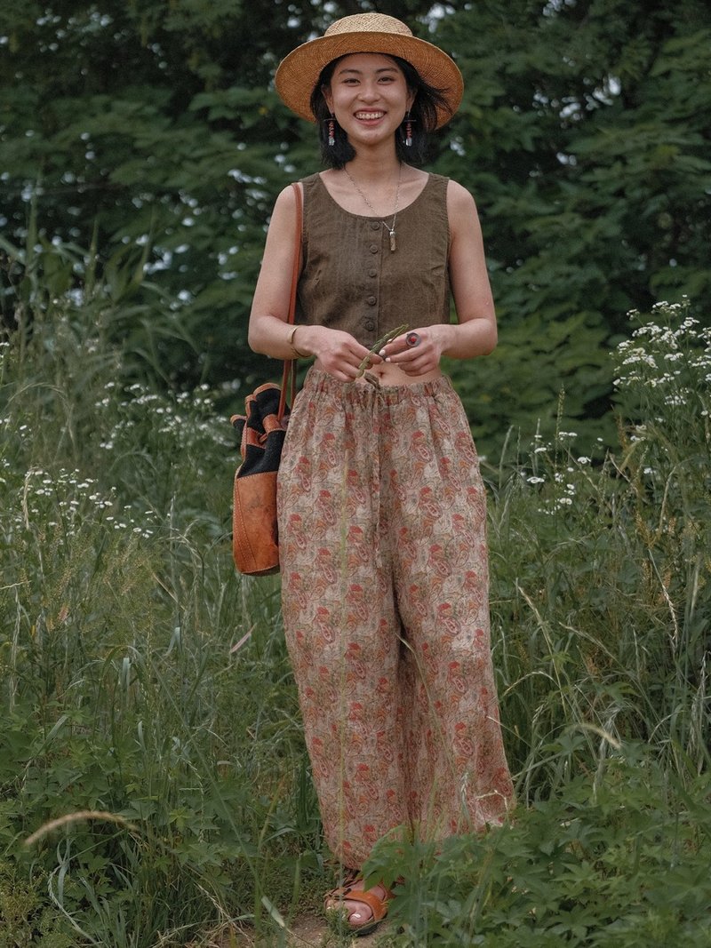 風吹花曳 苧麻印花田園風寬鬆長褲 鬆緊腰繫帶寬褲 - 女長褲 - 棉．麻 咖啡色