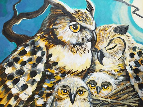 鳥の絵 フクロウの家族 キャンバスにアクリルオリジナルアート 動物