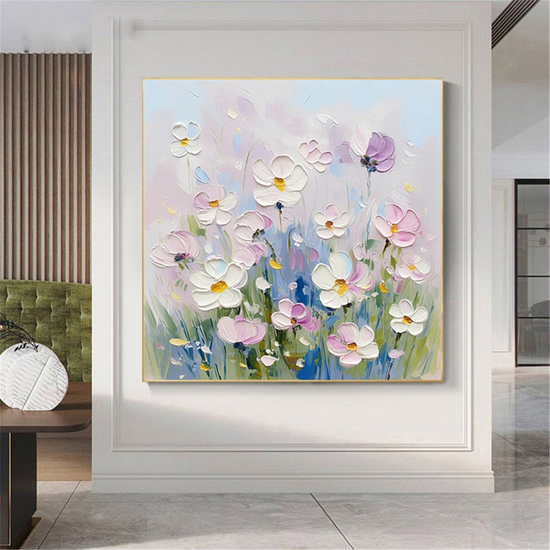 花語 手繪花卉裝飾畫肌理抽象畫餐廳客廳掛畫現代田園風治癒風 - 海報/掛畫/掛布 - 亞麻 粉紅色