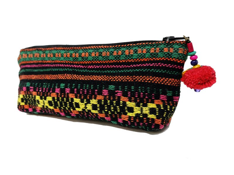 Woven Pencil Case Pen case Cotton Pencil Pouch Pom Pom Zipper Pencil Holder - 其他 - 棉．麻 綠色