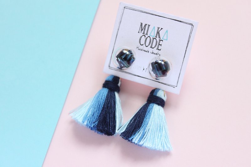 10mm transparent glass ball beads mixed color (blue series) tassel earrings/ Clip-On