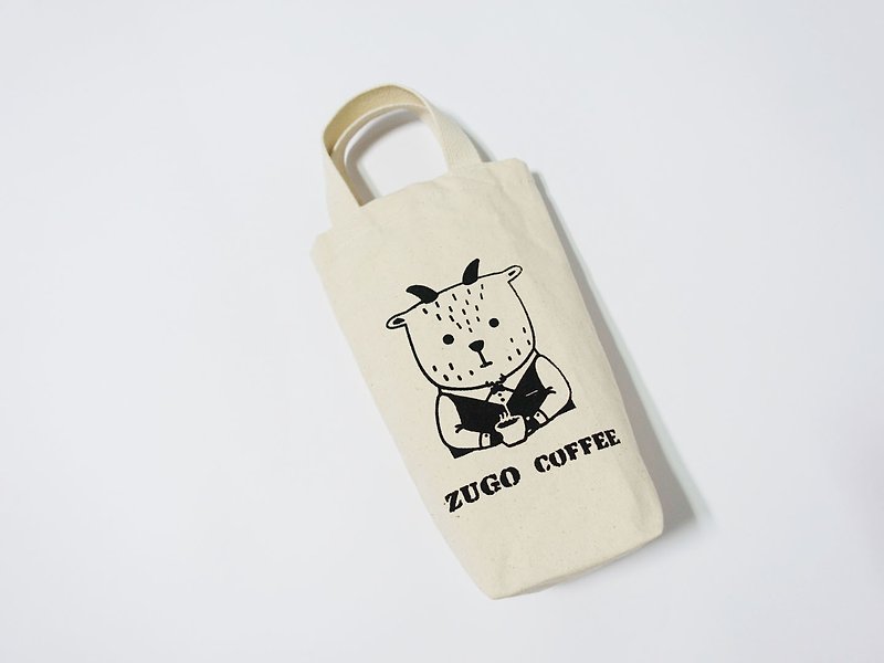 Screen printing  Bottle bag   Mr. Fat goat  Drink coffee - ถุงใส่กระติกนำ้ - ผ้าฝ้าย/ผ้าลินิน ขาว