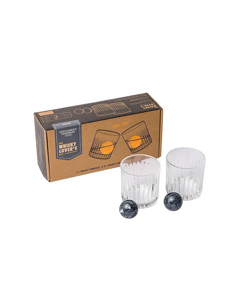英國Gentleman威士忌玻璃酒杯冰石禮盒組(一組兩杯子跟兩顆冰石) - 茶具/茶杯 - 琉璃 透明