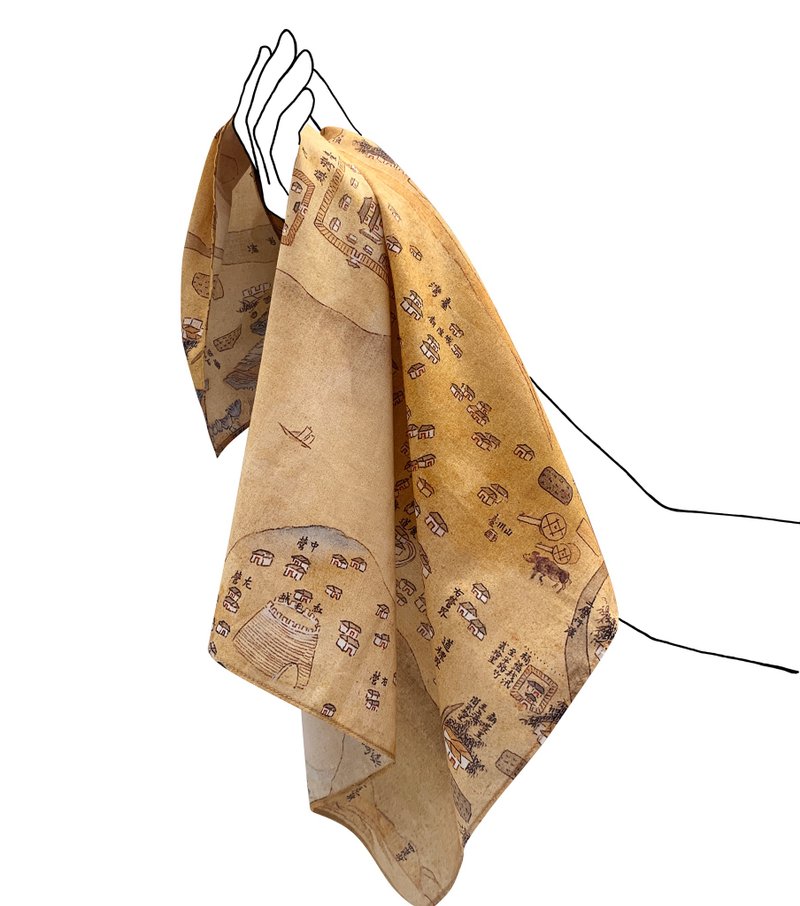 Tainan Four Hundred Years Series_Kangxi Taiwan Map_Chinese Scarf - ผ้าเช็ดหน้า - ผ้าฝ้าย/ผ้าลินิน สีกากี