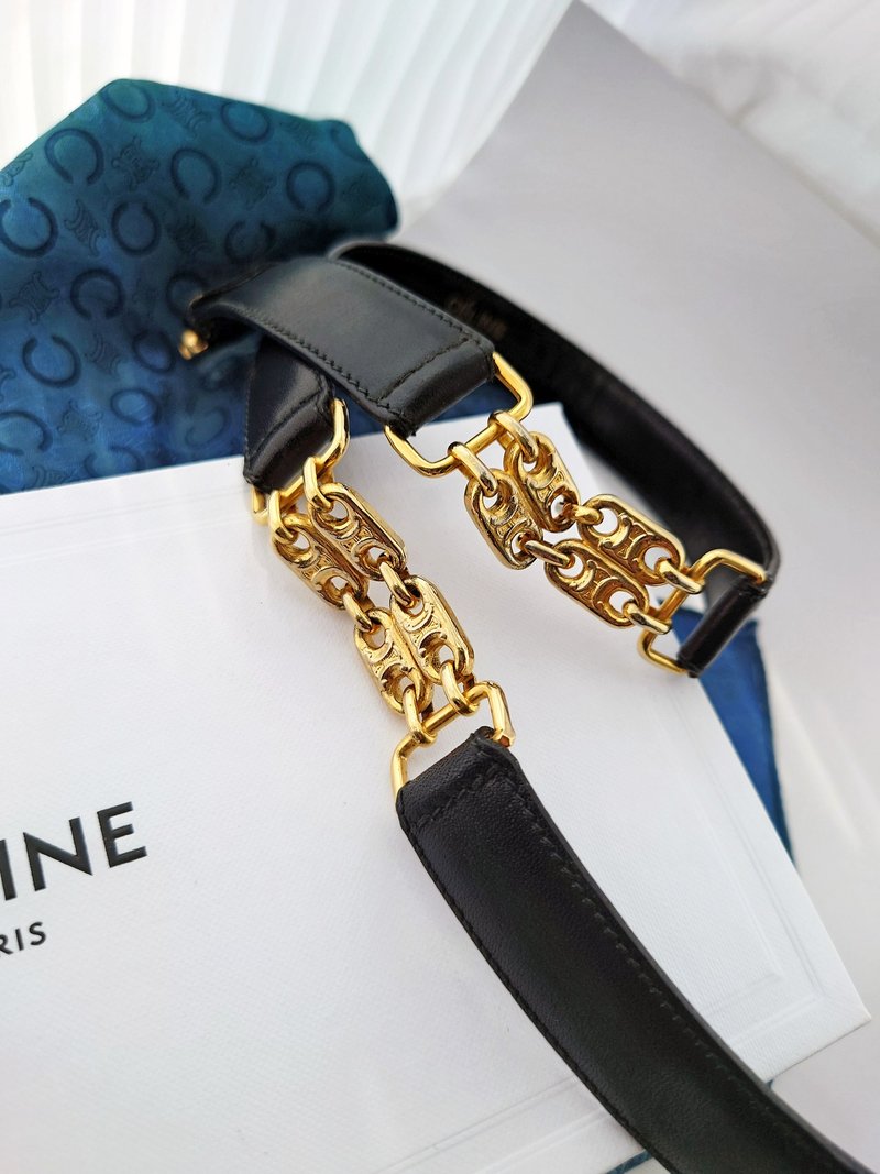 中古孤品 CELINE 凱旋門 金鏈條 黑金腰鏈 腰帶皮帶 belt 65碼 - 皮帶/腰帶 - 真皮 黑色