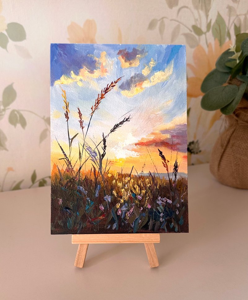 Small Oil Painting with Wildflowers - 壁貼/牆壁裝飾 - 其他材質 橘色