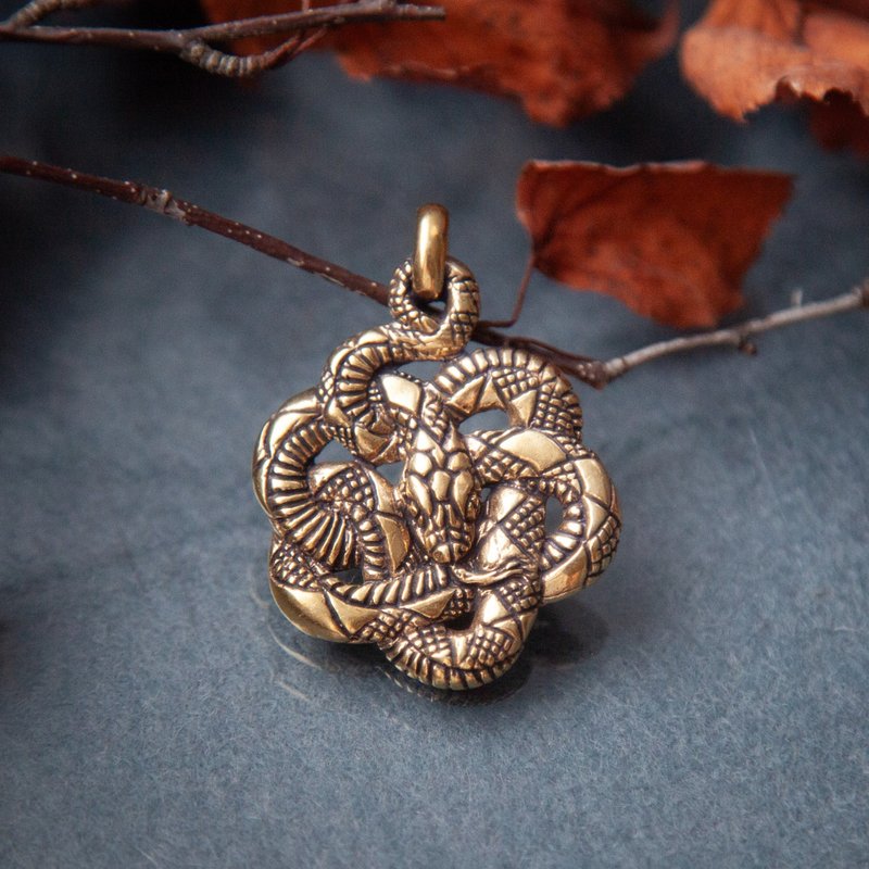 Snake pendant on leather cord. Handcrafted necklace. Serpent jewelry. Present - Necklaces - Other Metals Orange