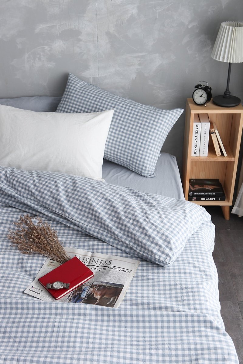 Natural washed quilt cover bed bag pillowcase set - light blue grid x blue - Bedding - Cotton & Hemp Blue