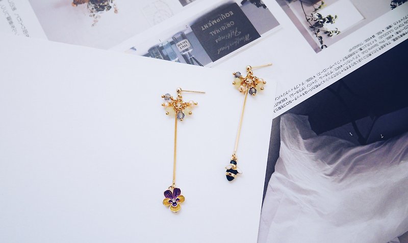 Spring Shoots-Spring Natural Stone Pansy and Bee Embellished Earrings - Earrings & Clip-ons - Other Metals Multicolor