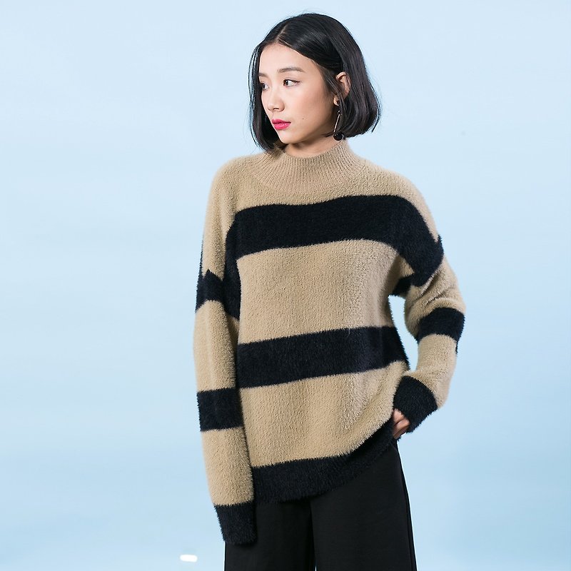 陳庭妮新しいプルオーバーのセーター韓国人女性学生のセーター緩い長袖ストライプのシャツビッグヤード - ニット・セーター - コットン・麻 カーキ
