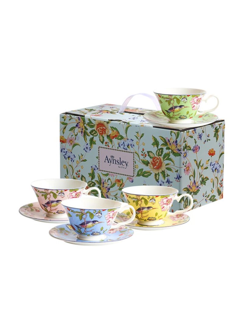 British Aynsley bird series bone china Windsor cup and plate set 180ml 4-color gift box set - ถ้วย - เครื่องลายคราม สีน้ำเงิน