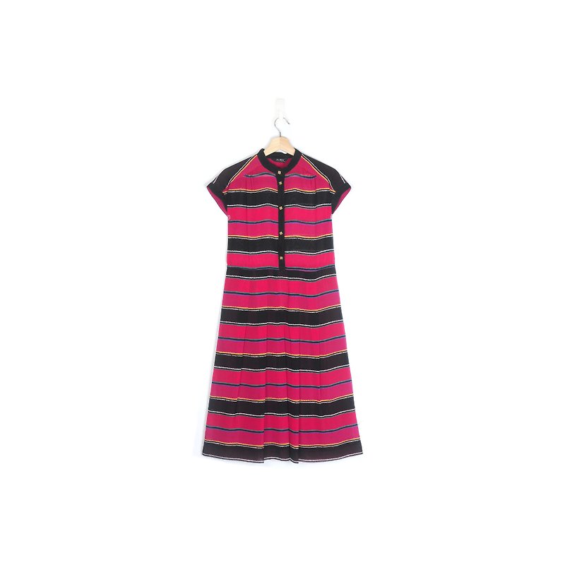 [True] vintage egg plant summer stripes printed short-sleeved vintage dress - One Piece Dresses - Other Materials Red