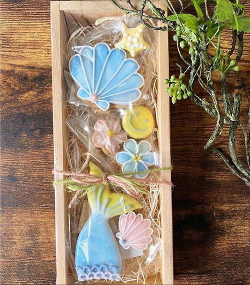 sai-art-cookies 有機糖霜餅乾木製禮品盒 海 貝殻 人魚