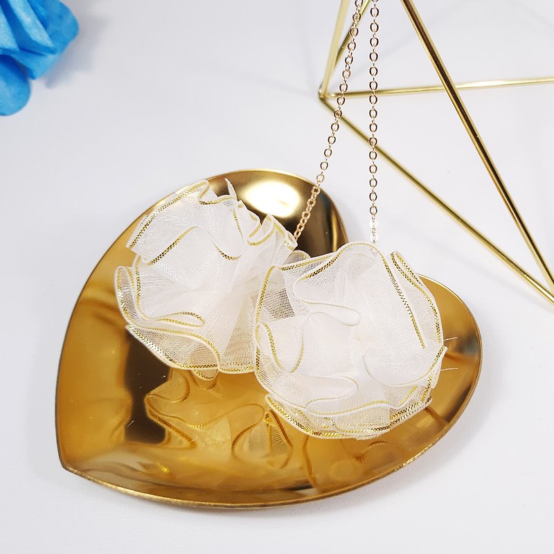 Daqian design fashion white gauze ribbon flower ball long chain earrings / clip gift Valentine's Day - Earrings & Clip-ons - Cotton & Hemp Gold