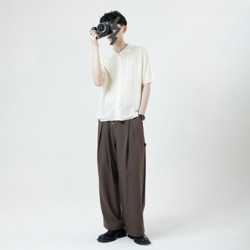 Double strap pleated trousers/ Brown / - Men's Pants - Polyester Brown