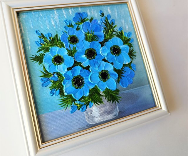 青いアネモネの絵の花束。藍染 壁飾り 絵画作品 - ショップ 青いアネモネの絵の花束。藍染 壁飾り 絵画作品 - ショップ