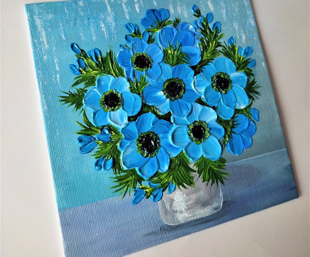 青いアネモネの絵の花束。藍染 壁飾り 絵画作品 - ショップ