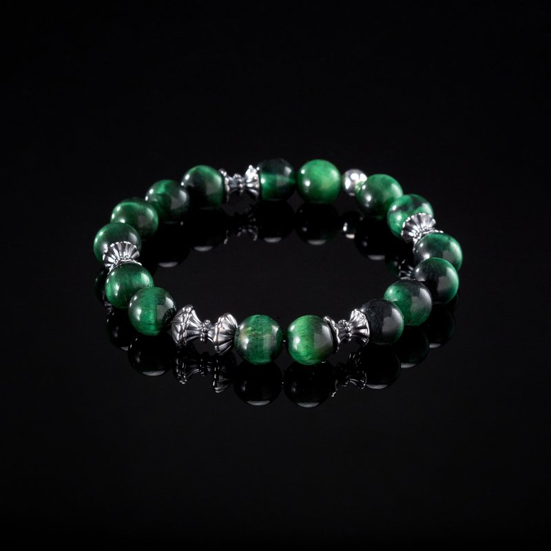 Nisaba Handmade 925k Sterling Silver and Green Tiger Eye Gemstone Bracelet - สร้อยข้อมือ - เงินแท้ สีเขียว