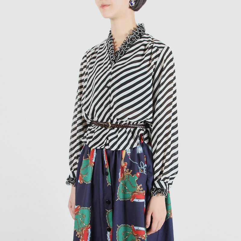 (Egg plants vintage) striped coral print vintage shirt - Women's Shirts - Polyester 