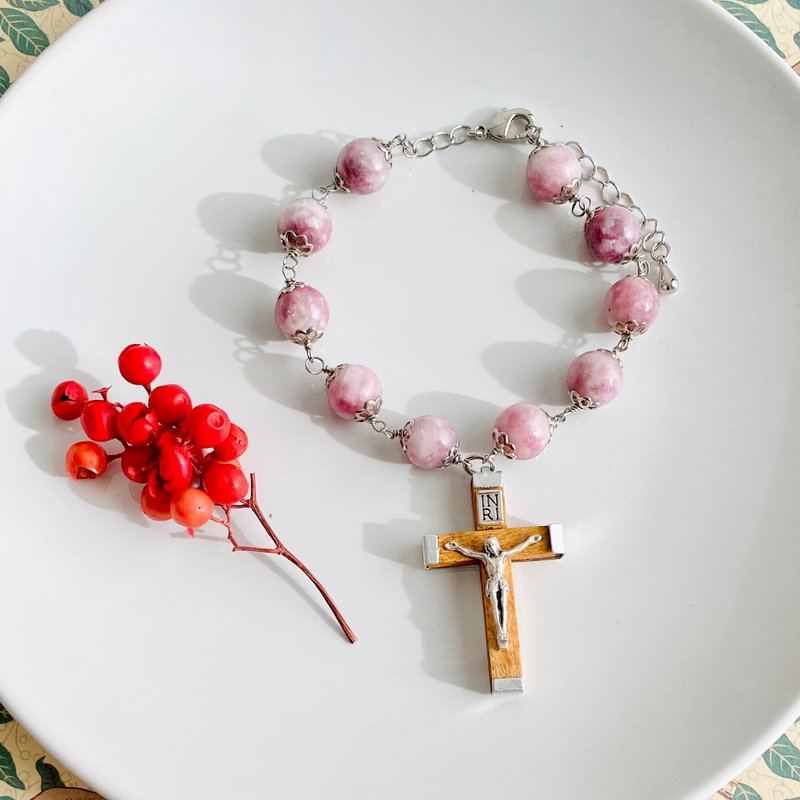 Lepidolite and Wooden Rosary Bracelet - Bracelets - Semi-Precious Stones Pink