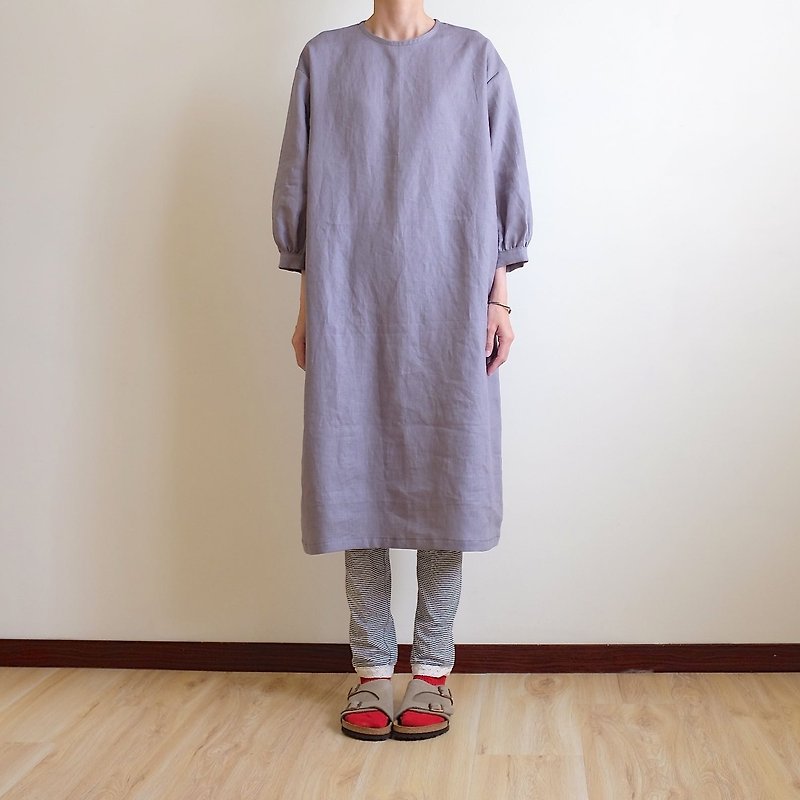 Daily hand-made suit gray purple bubble sleeve straight dress linen