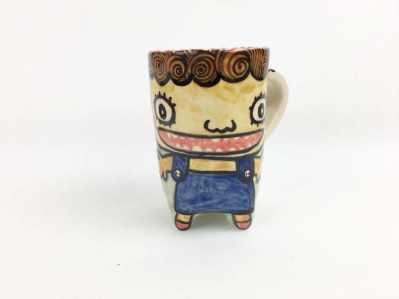 Nice Little Clay Handmade Cup_Girl with Black Wheel Dog 0110-01 - Mugs - Pottery Green