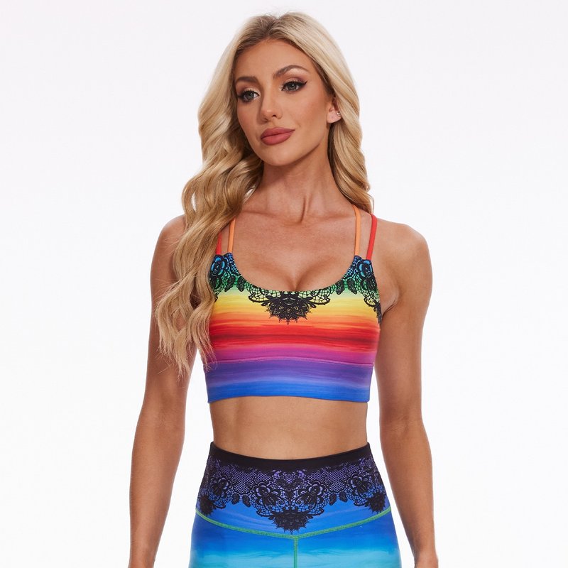 Colorful Horizon Lace Strappy Sports Bra - Women's Athletic Underwear - Eco-Friendly Materials Multicolor