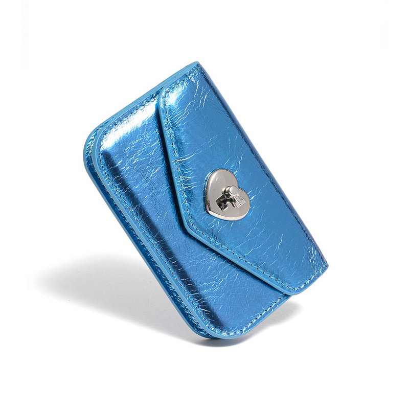 Heart Lock Compact Card Wallet shine blue - กระเป๋าสตางค์ - หนังแท้ สีใส