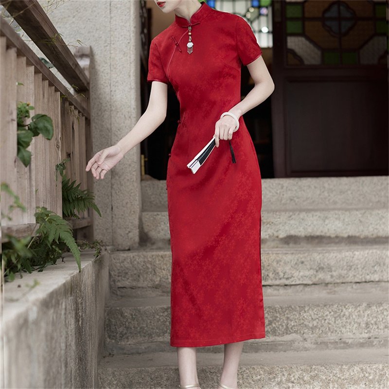 Red Shang Burgundy Short Sleeve Improved Cheongsam Toast Wear Summer Bespoke Wedding Dress Dress - Qipao - Polyester Red