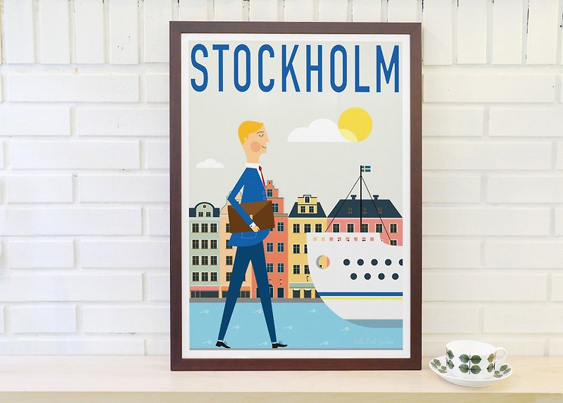 北歐復古簡約海報 斯德哥爾摩的腳步 原創 可客製化 掛畫不含外框 - 掛牆畫/海報 - 紙 藍色