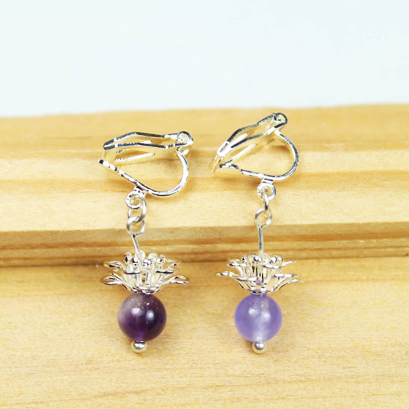 [Gold lake] sea flower earrings purple silver section | clip-style earrings needle earrings can be changed 925 silver | violet chalcedony amethyst | brass silver | natural stone earrings, Chinese ancient style jewelry E1 - ต่างหู - เครื่องเพชรพลอย สีม่วง