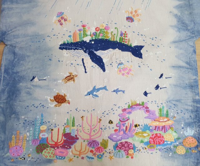 手刺繍カーディガン クジラ クラゲ アカエイ 雲 空 幻想 月