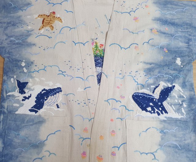 手刺繍カーディガン クジラ クラゲ アカエイ 雲 空 幻想 月