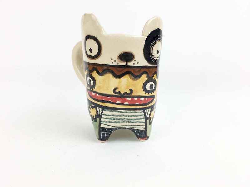 Nice Little Clay Handmade Ear Cup Boy with Black Wheel Dog 0112-04 - Mugs - Pottery Green