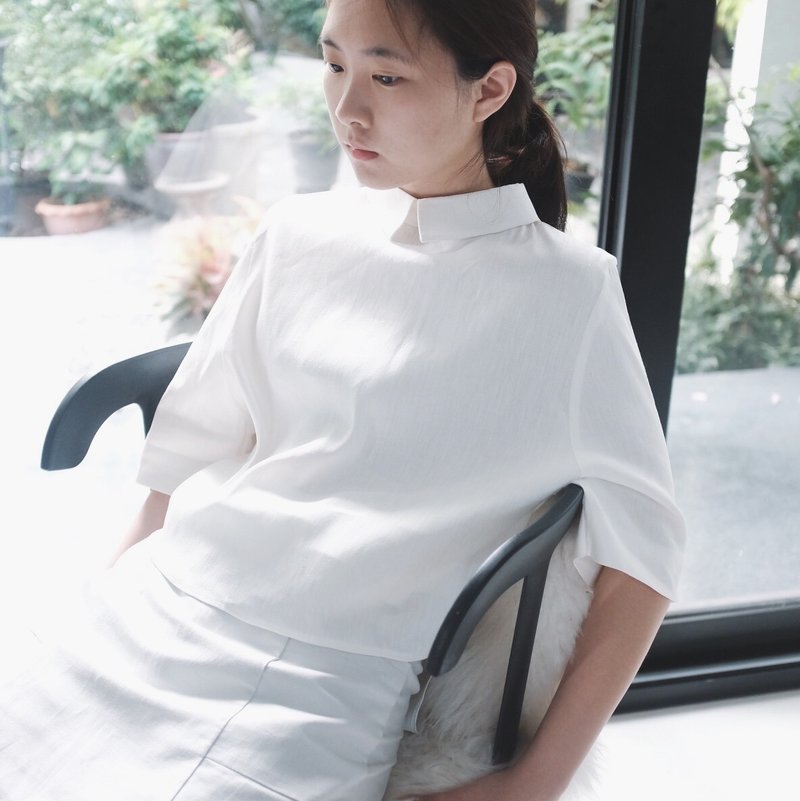 前後兩穿收腰綁帶上衣-白色 - 女上衣/長袖上衣 - 棉．麻 白色