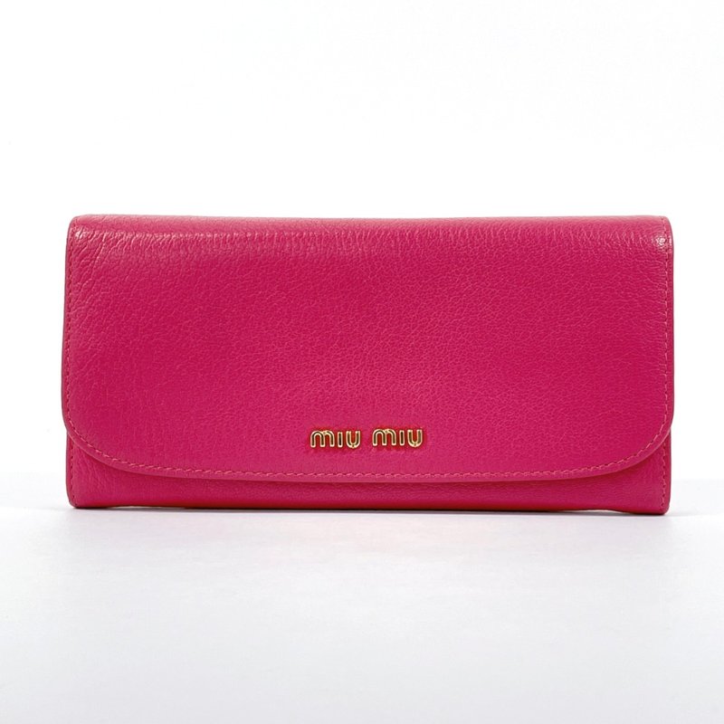 Miu Miu MIU Long Wallet Logo Leather Pink - กระเป๋าสตางค์ - หนังแท้ สึชมพู