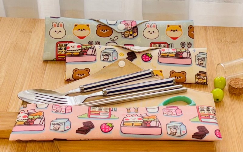 MIT防水餐具袋 環保餐具袋 兒童餐具袋 筆袋 鉛筆盒 - 刀叉/湯匙/餐具組 - 防水材質 粉紅色