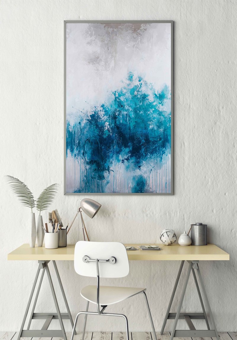 White Blue Painting | White Blue Abstract | White Blue Wall Art | Wave - 壁貼/牆壁裝飾 - 棉．麻 藍色
